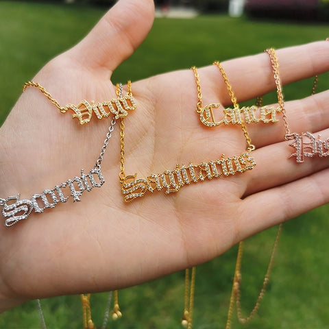 Gothic Rhinestone Zodiac Nameplate Necklace