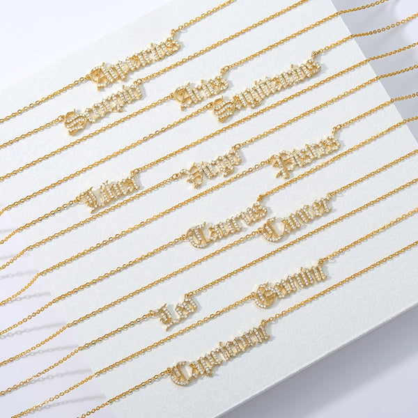 Gothic Rhinestone Zodiac Nameplate Necklace