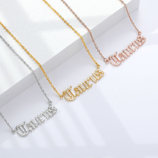 Gothic Rhinestone Zodiac Nameplate Necklace