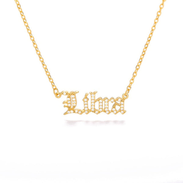 Gothic Rhinestone Zodiac Nameplate Necklace