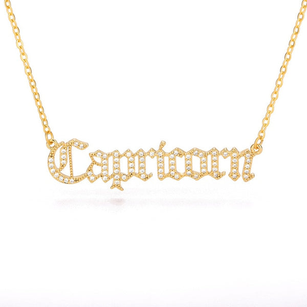 Gothic Rhinestone Zodiac Nameplate Necklace