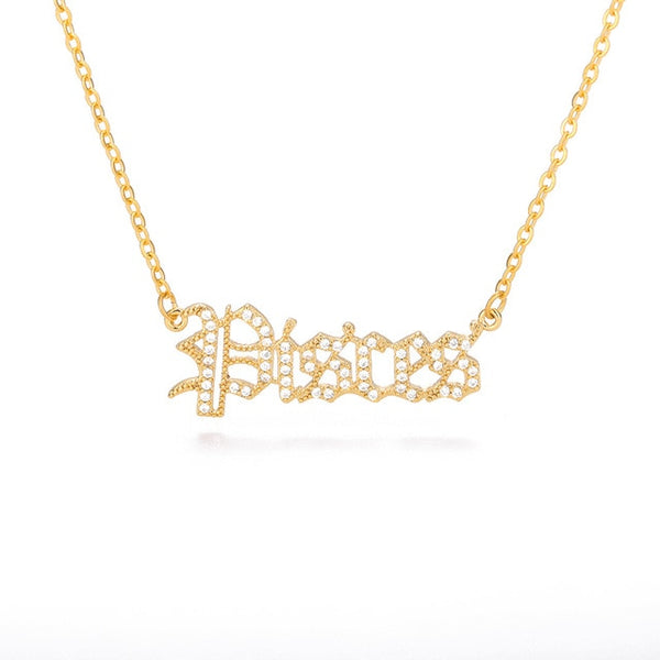 Gothic Rhinestone Zodiac Nameplate Necklace