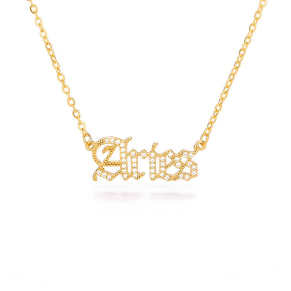 Gothic Rhinestone Zodiac Nameplate Necklace