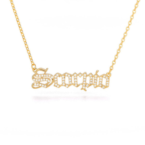 Gothic Rhinestone Zodiac Nameplate Necklace