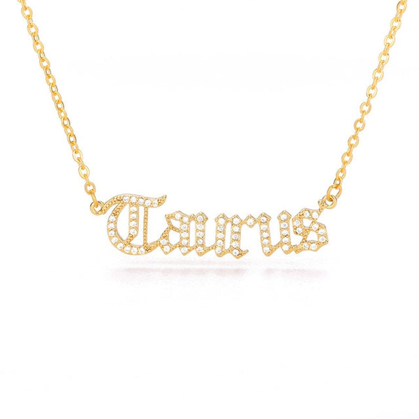 Gothic Rhinestone Zodiac Nameplate Necklace