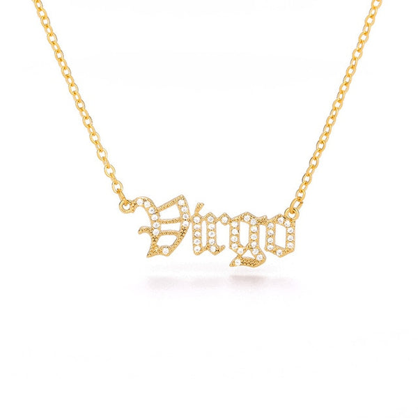 Gothic Rhinestone Zodiac Nameplate Necklace