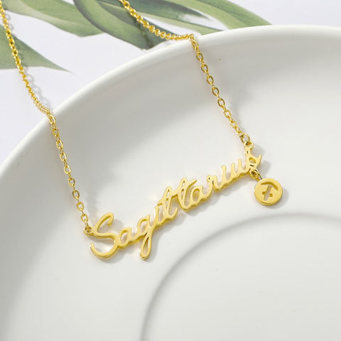 Cursive Zodiac Nameplate Necklace with Charm