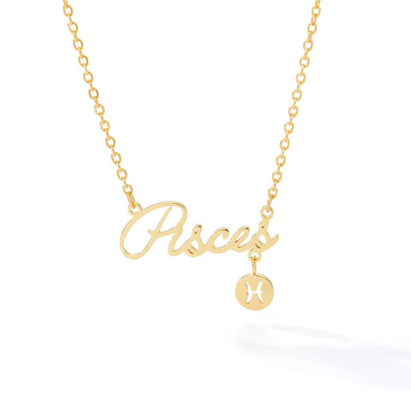 Cursive Zodiac Nameplate Necklace with Charm