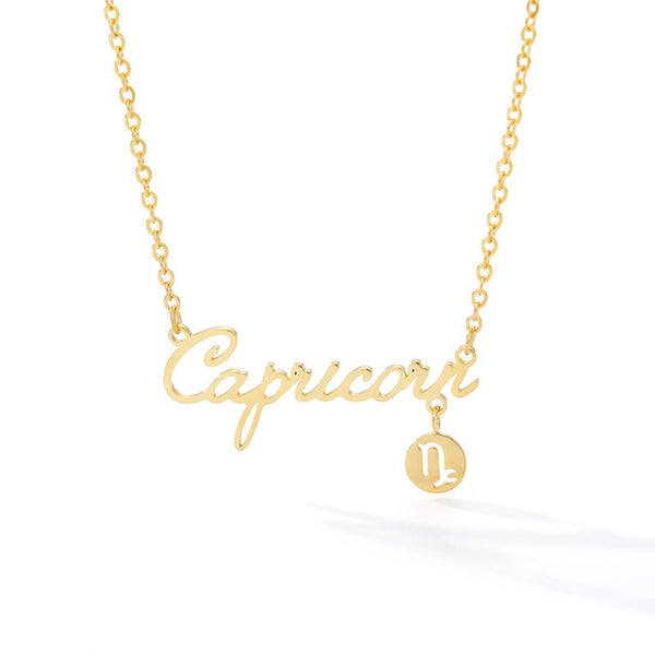 Cursive Zodiac Nameplate Necklace with Charm