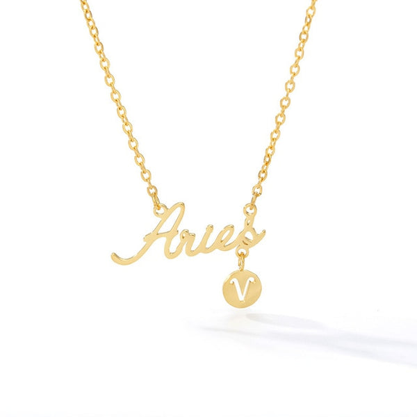 Cursive Zodiac Nameplate Necklace with Charm