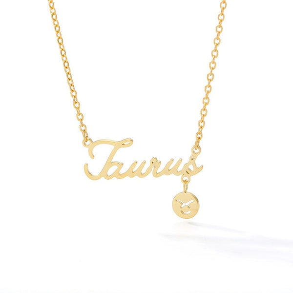 Cursive Zodiac Nameplate Necklace with Charm