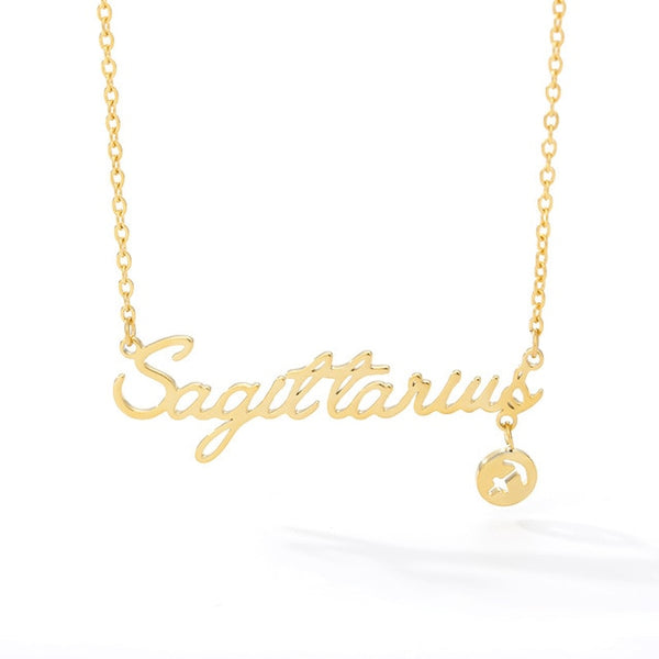 Cursive Zodiac Nameplate Necklace with Charm