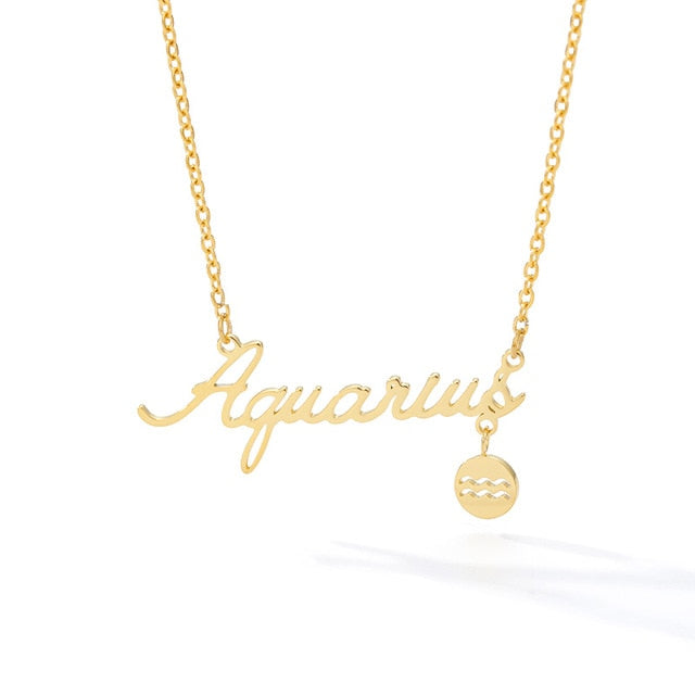 Cursive Zodiac Nameplate Necklace with Charm